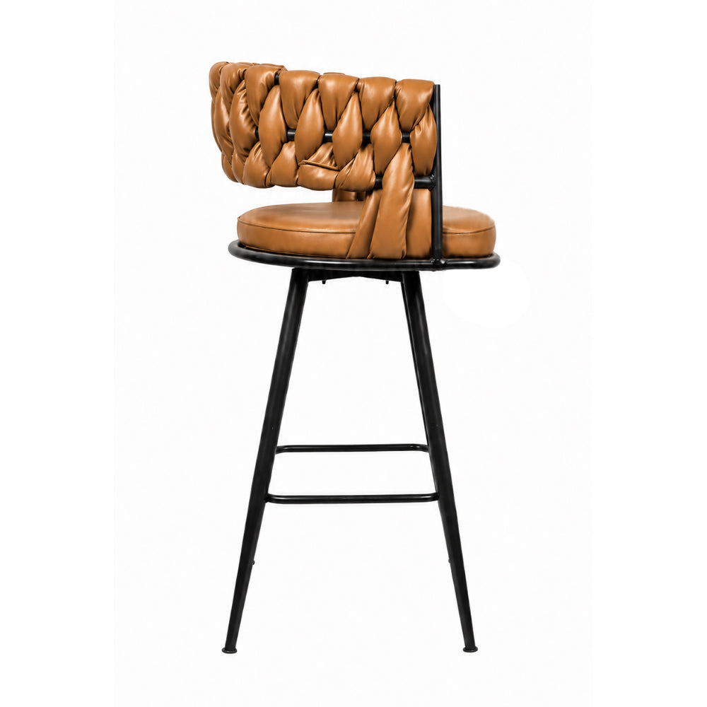 Presley Tan Braided Faux Leather Bar Stool with Black Metal Legs