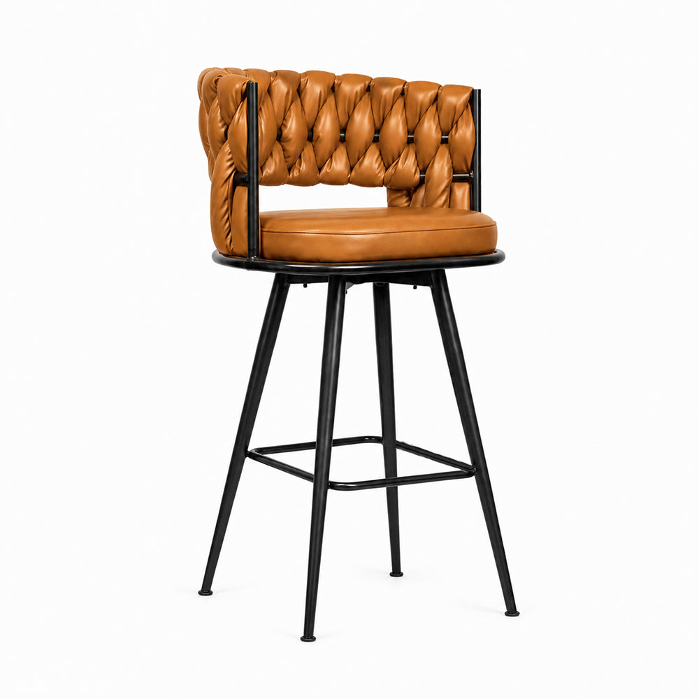 Presley Tan Braided Faux Leather Bar Stool with Black Metal Legs