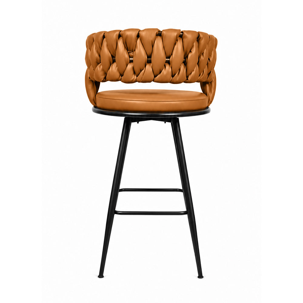 Presley Tan Braided Faux Leather Bar Stool with Black Metal Legs