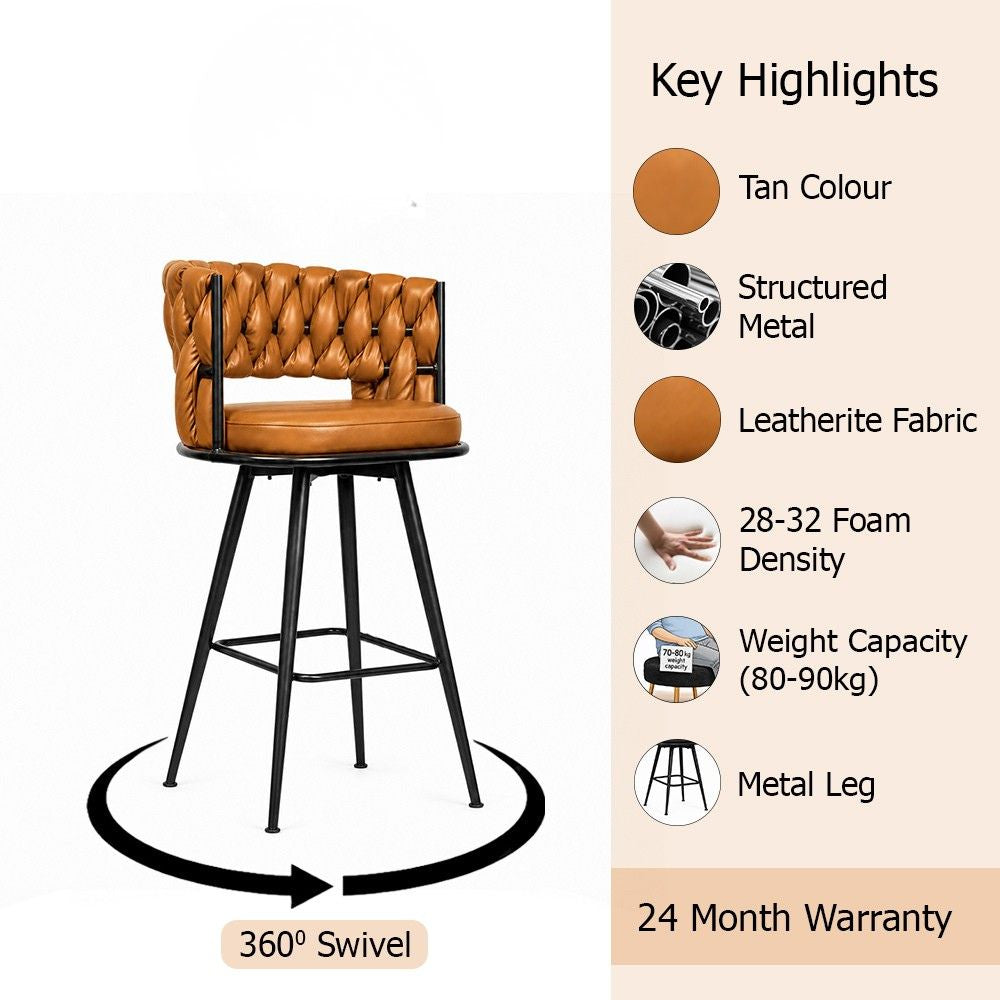Presley Tan Braided Faux Leather Bar Stool with Black Metal Legs