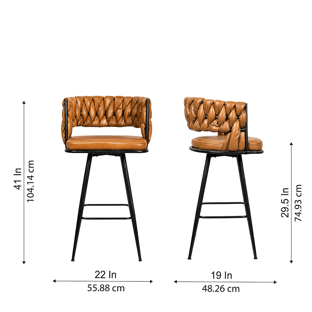 Presley Tan Braided Faux Leather Bar Stool with Black Metal Legs