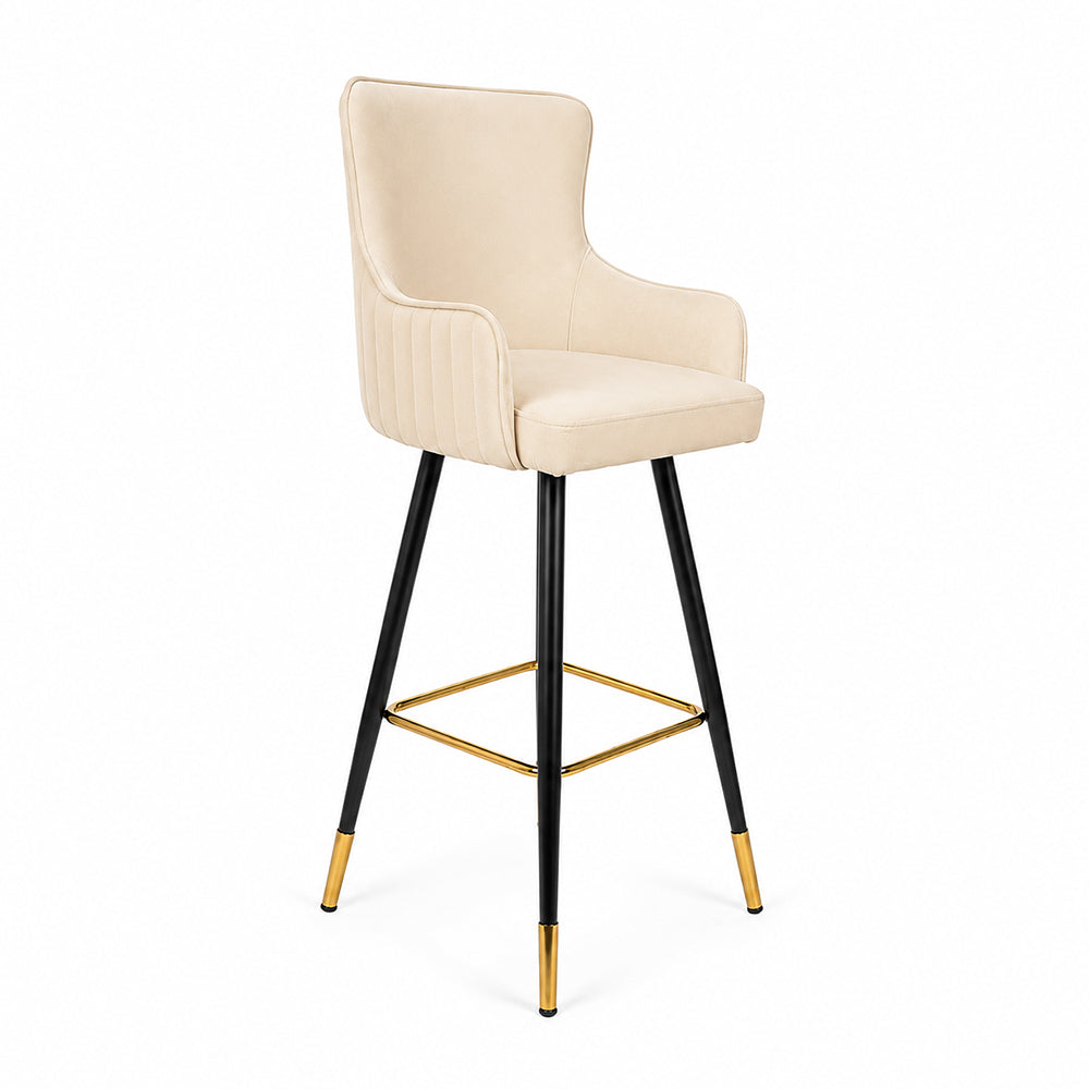 Nolen Beige Upholstered Counter Height Bar Stool with Black Metal Legs & Gold Accents