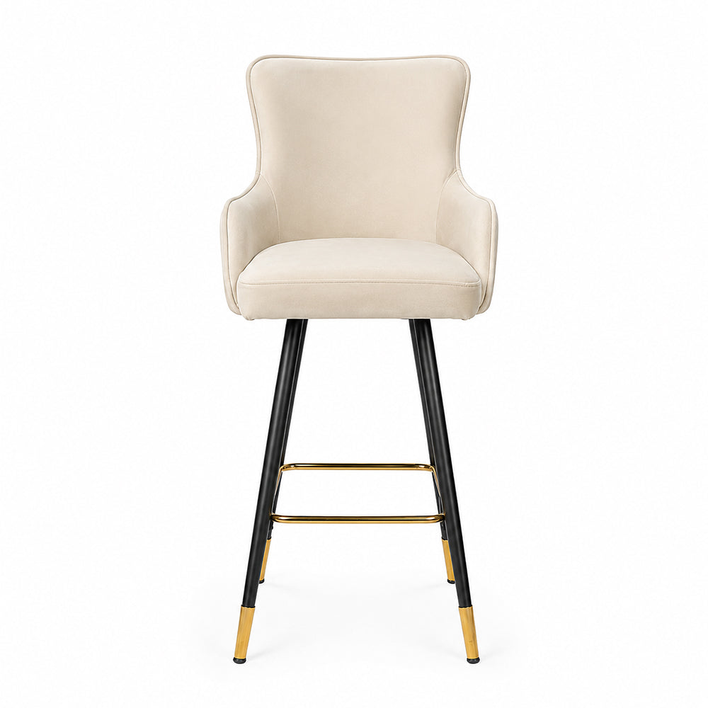 Nolen Beige Upholstered Counter Height Bar Stool with Black Metal Legs & Gold Accents
