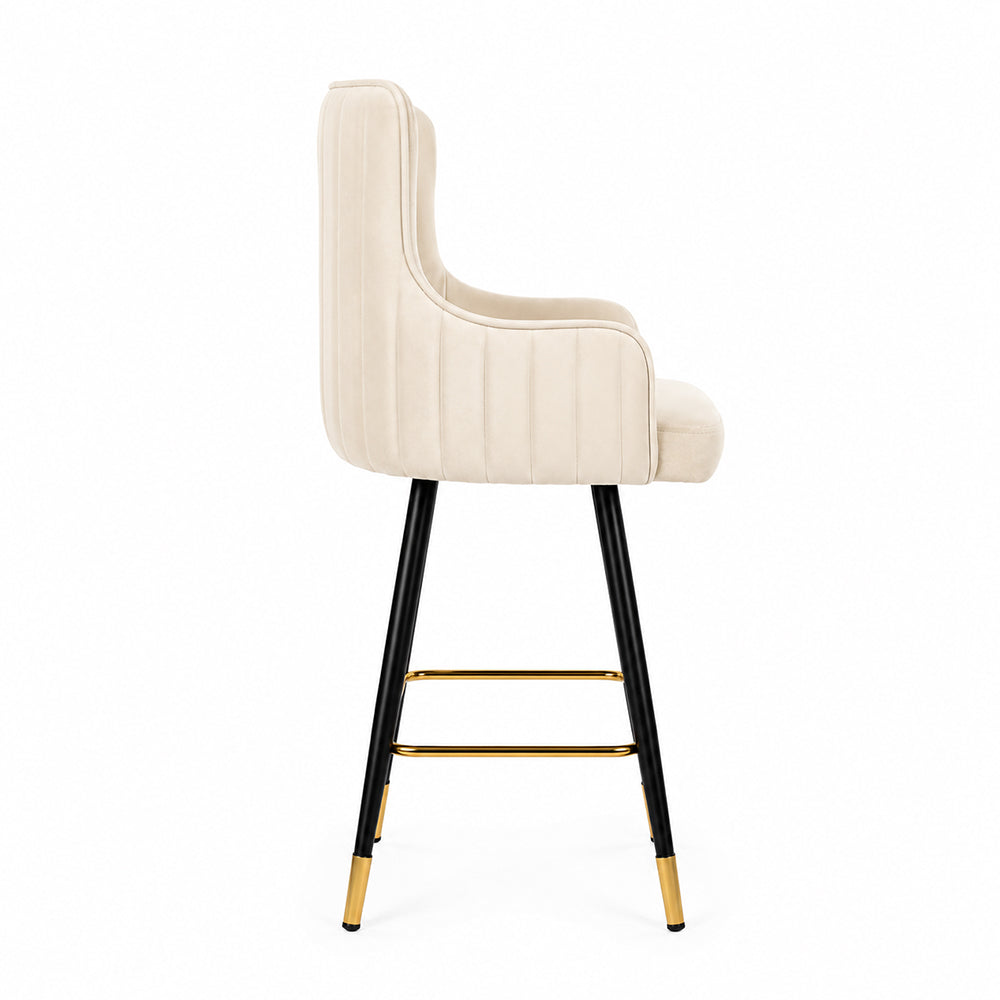 Nolen Beige Upholstered Counter Height Bar Stool with Black Metal Legs & Gold Accents