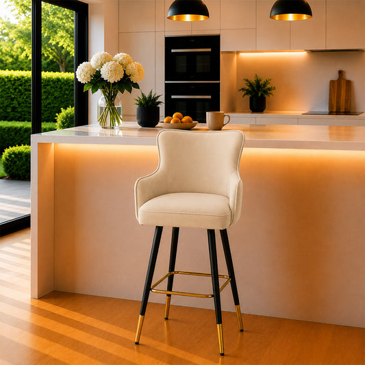 Nolen Beige Upholstered Counter Height Bar Stool with Black Metal Legs & Gold Accents
