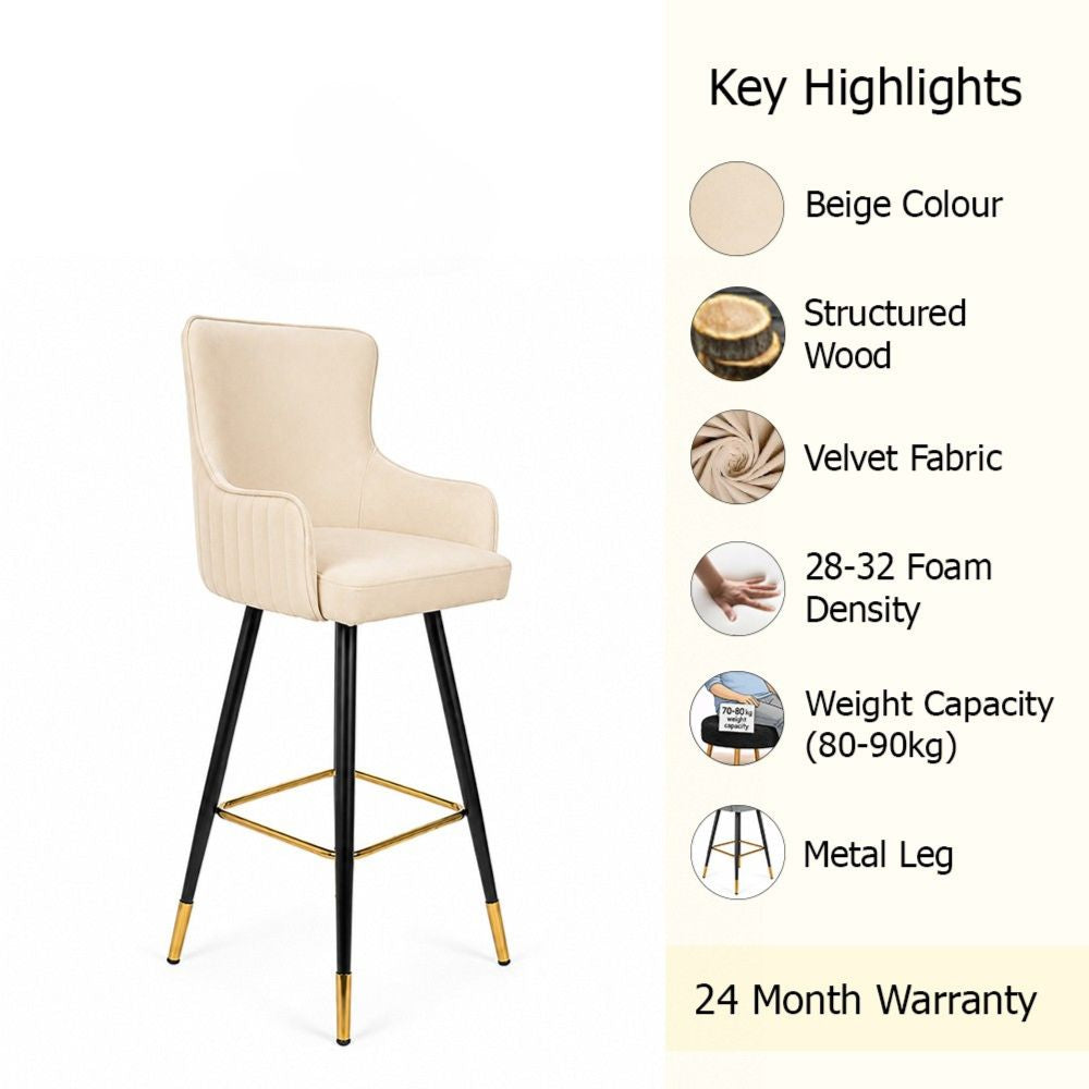 Nolen Beige Upholstered Counter Height Bar Stool with Black Metal Legs & Gold Accents
