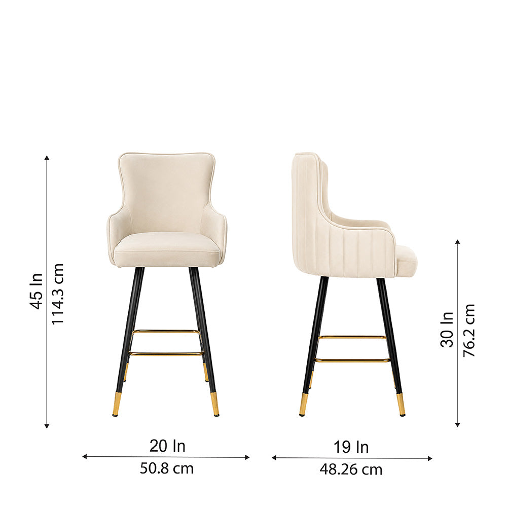 Nolen Beige Upholstered Counter Height Bar Stool with Black Metal Legs & Gold Accents