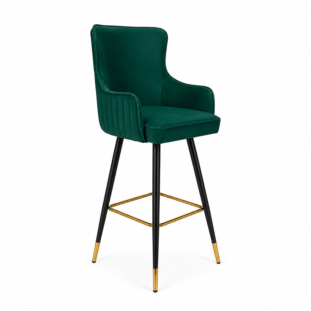 Nolen Green Upholstered Counter Height Bar Stool with Black Metal Legs & Gold Accents