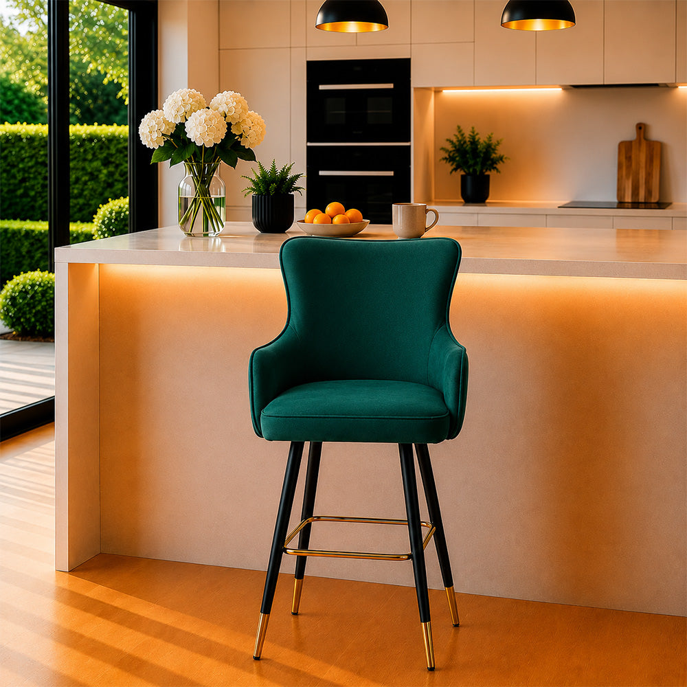 Nolen Green Upholstered Counter Height Bar Stool with Black Metal Legs & Gold Accents