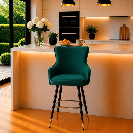 Nolen Green Upholstered Counter Height Bar Stool with Black Metal Legs & Gold Accents