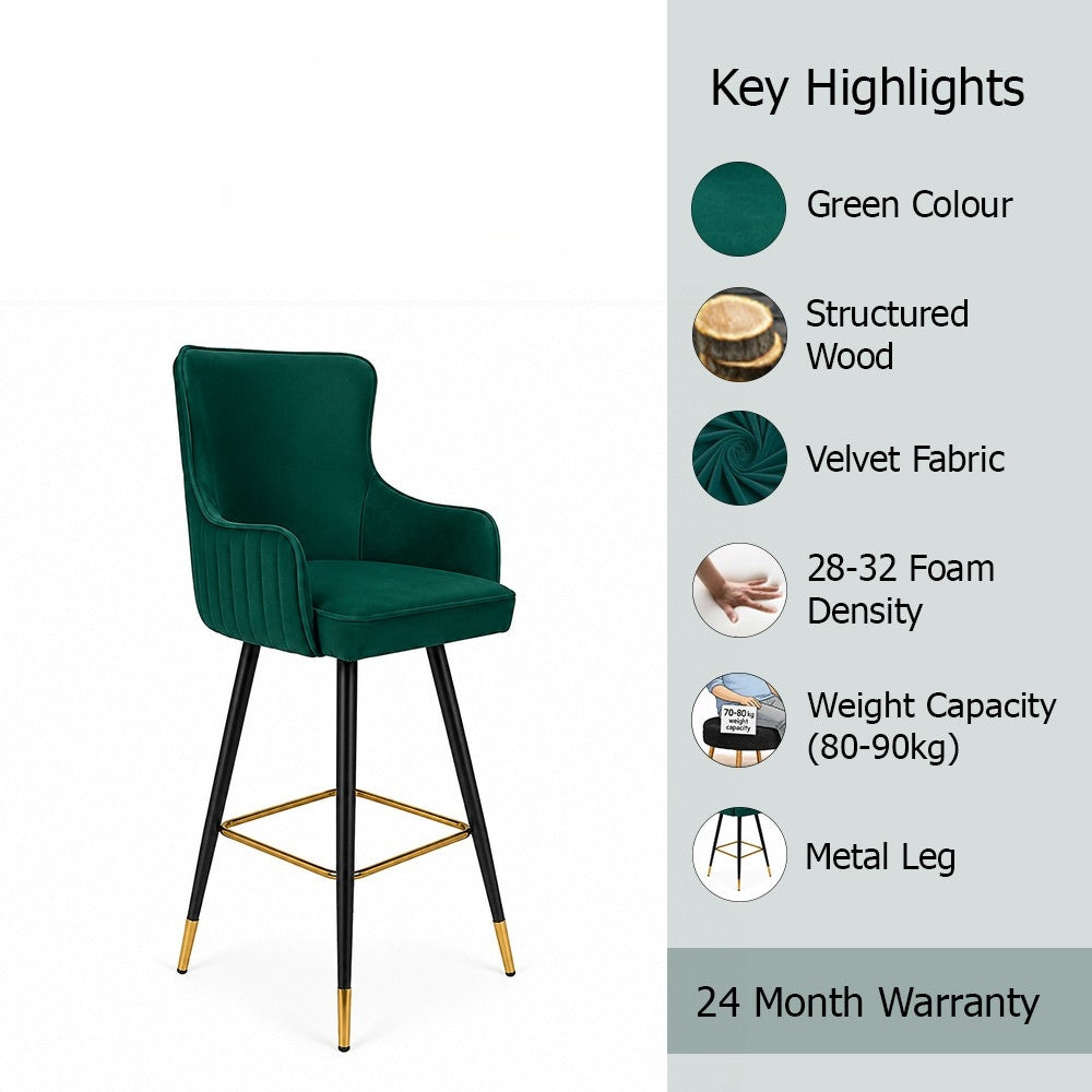 Nolen Green Upholstered Counter Height Bar Stool with Black Metal Legs & Gold Accents