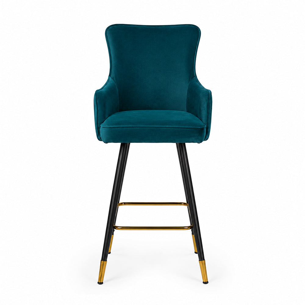 Nolen Teal Upholstered Counter Height Bar Stool with Black Metal Legs & Gold Accents
