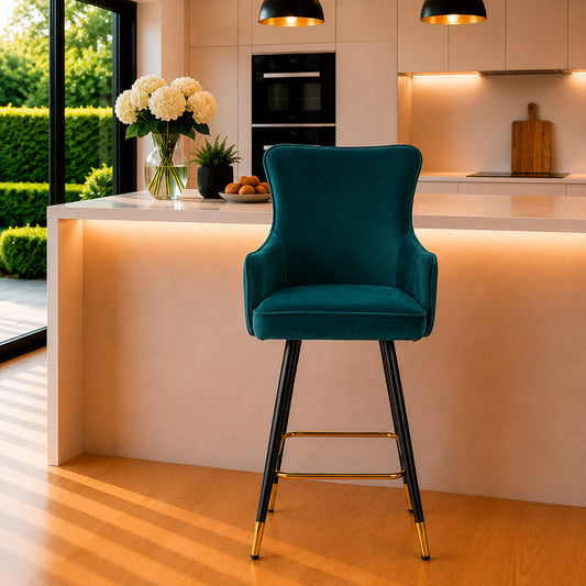 Nolen Teal Upholstered Counter Height Bar Stool with Black Metal Legs & Gold Accents
