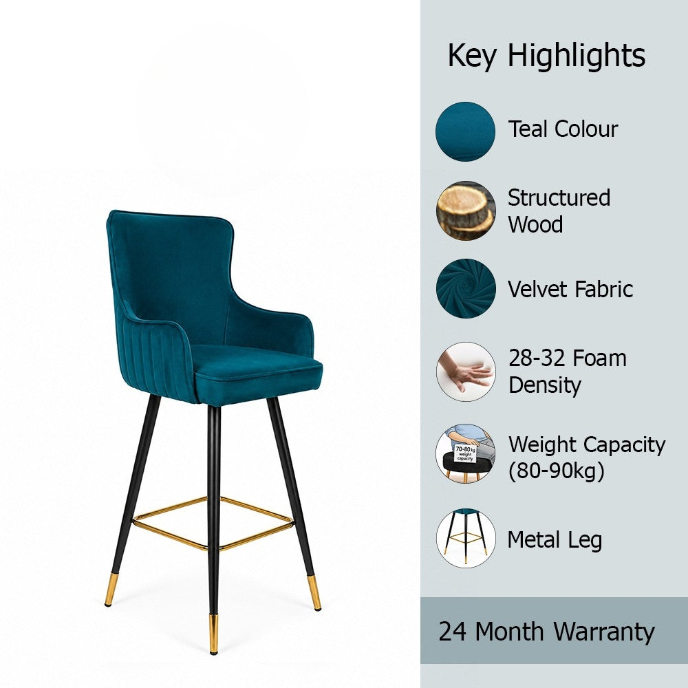 Nolen Teal Upholstered Counter Height Bar Stool with Black Metal Legs & Gold Accents