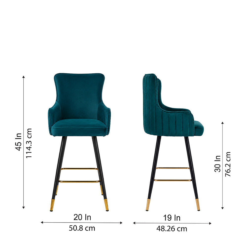 Nolen Teal Upholstered Counter Height Bar Stool with Black Metal Legs & Gold Accents