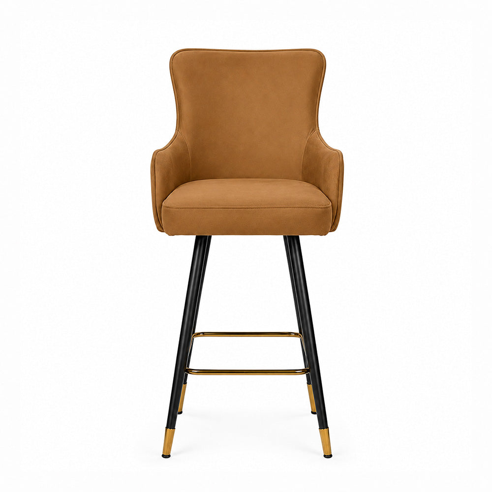 Nolen Brown Upholstered Counter Height Bar Stool with Black Metal Legs & Gold Accents