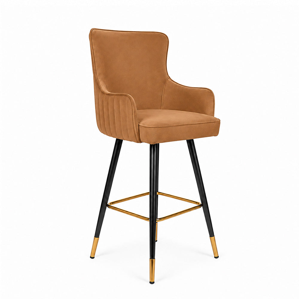 Nolen Brown Upholstered Counter Height Bar Stool with Black Metal Legs & Gold Accents