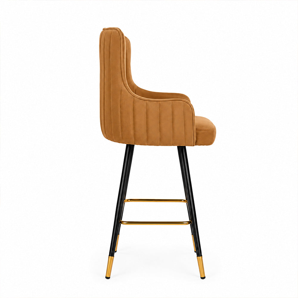 Nolen Brown Upholstered Counter Height Bar Stool with Black Metal Legs & Gold Accents