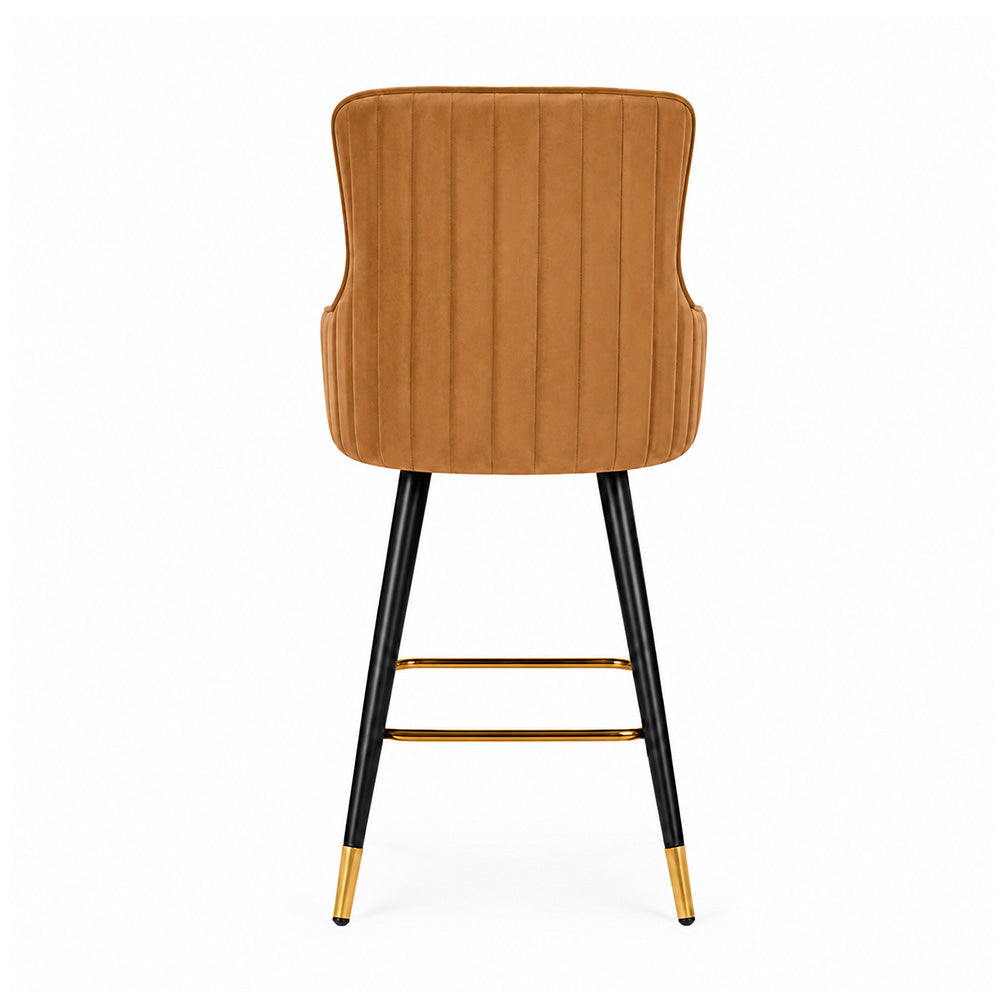 Nolen Brown Upholstered Counter Height Bar Stool with Black Metal Legs & Gold Accents