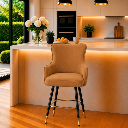 Nolen Brown Upholstered Counter Height Bar Stool with Black Metal Legs & Gold Accents