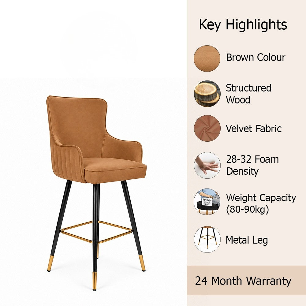 Nolen Brown Upholstered Counter Height Bar Stool with Black Metal Legs & Gold Accents