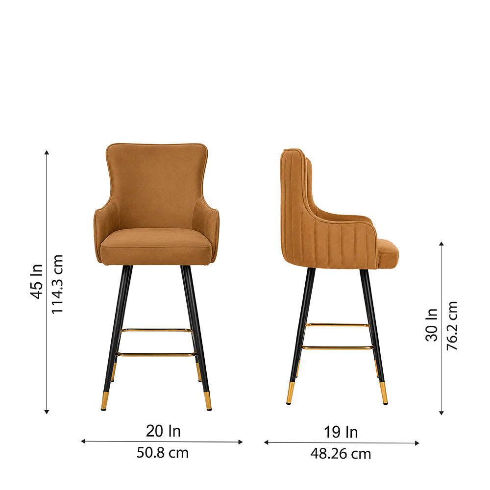 Nolen Brown Upholstered Counter Height Bar Stool with Black Metal Legs & Gold Accents