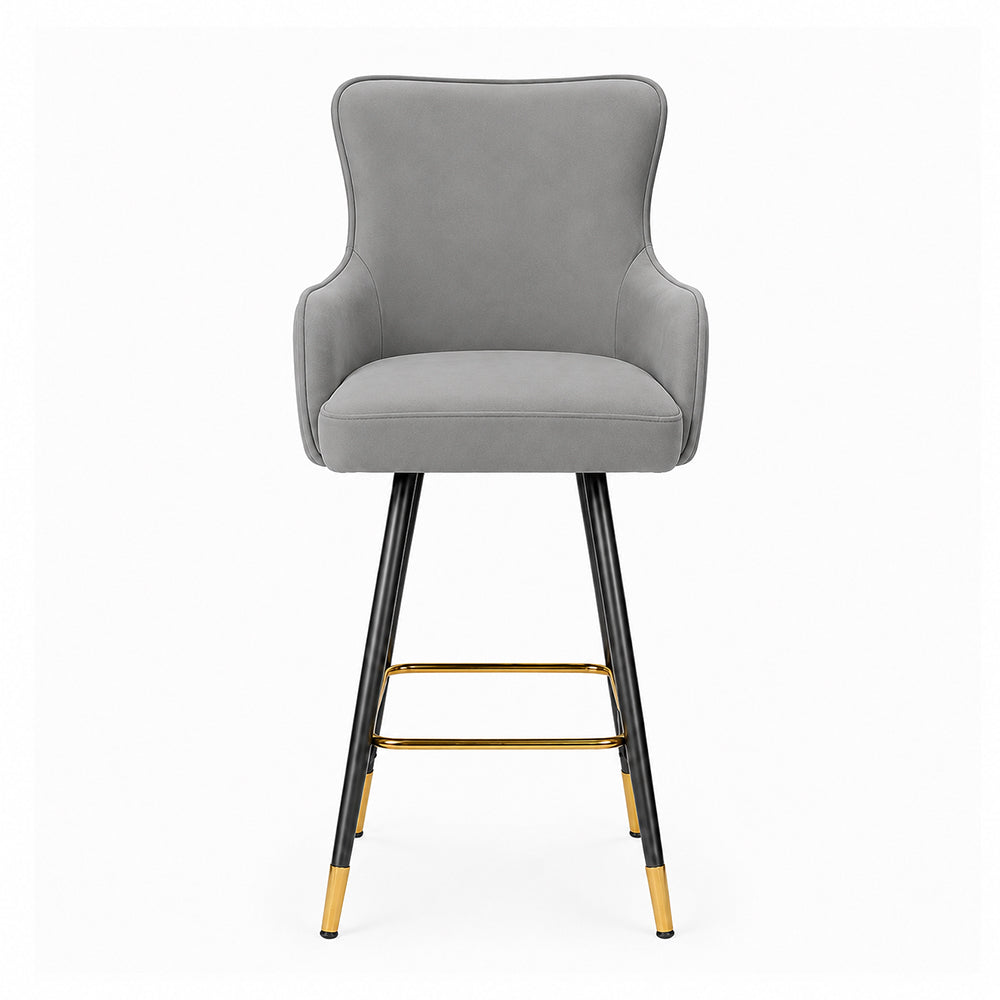 Nolen Grey Upholstered Counter Height Bar Stool with Black Metal Legs & Gold Accents