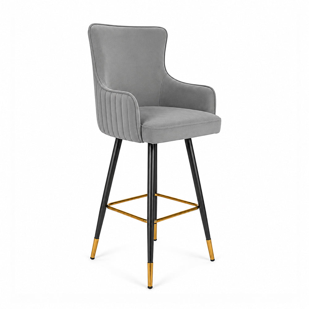 Nolen Grey Upholstered Counter Height Bar Stool with Black Metal Legs & Gold Accents