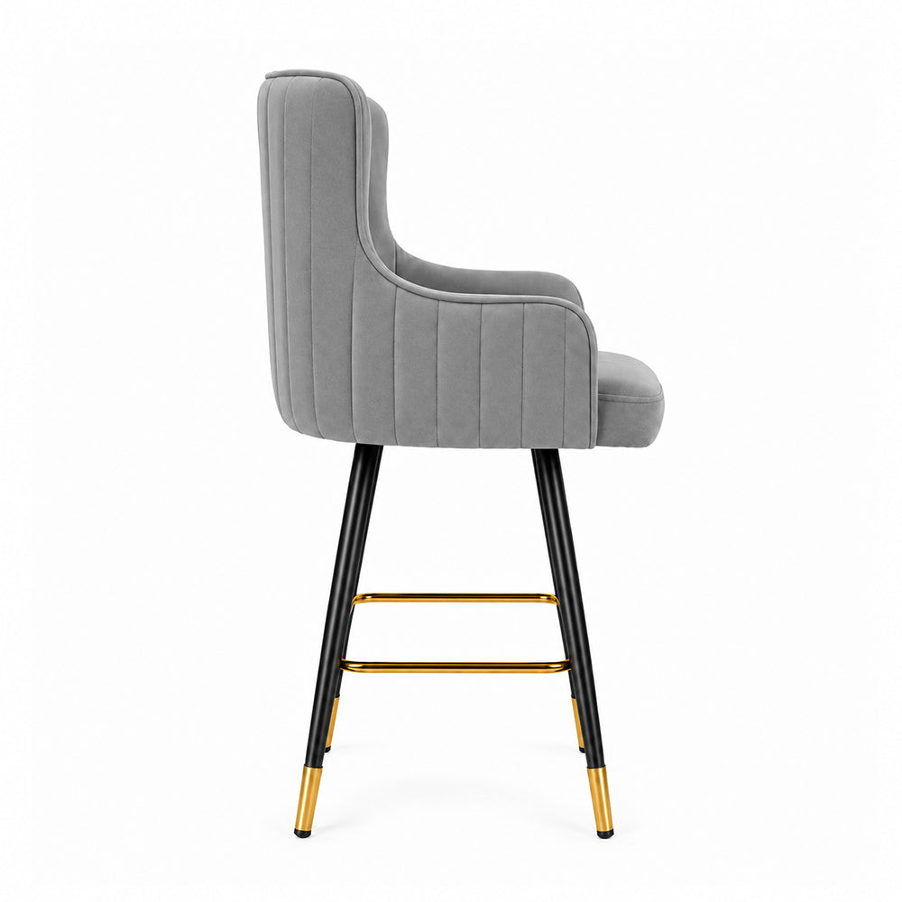 Nolen Grey Upholstered Counter Height Bar Stool with Black Metal Legs & Gold Accents