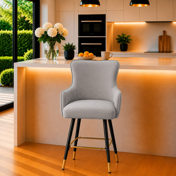 Nolen Grey Upholstered Counter Height Bar Stool with Black Metal Legs & Gold Accents