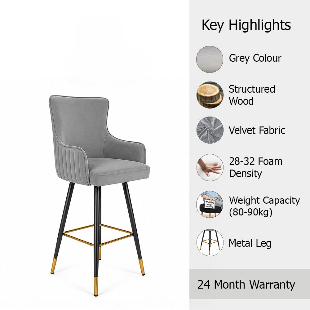 Nolen Grey Upholstered Counter Height Bar Stool with Black Metal Legs & Gold Accents