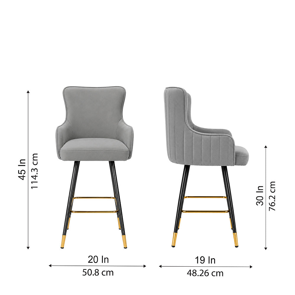 Nolen Grey Upholstered Counter Height Bar Stool with Black Metal Legs & Gold Accents