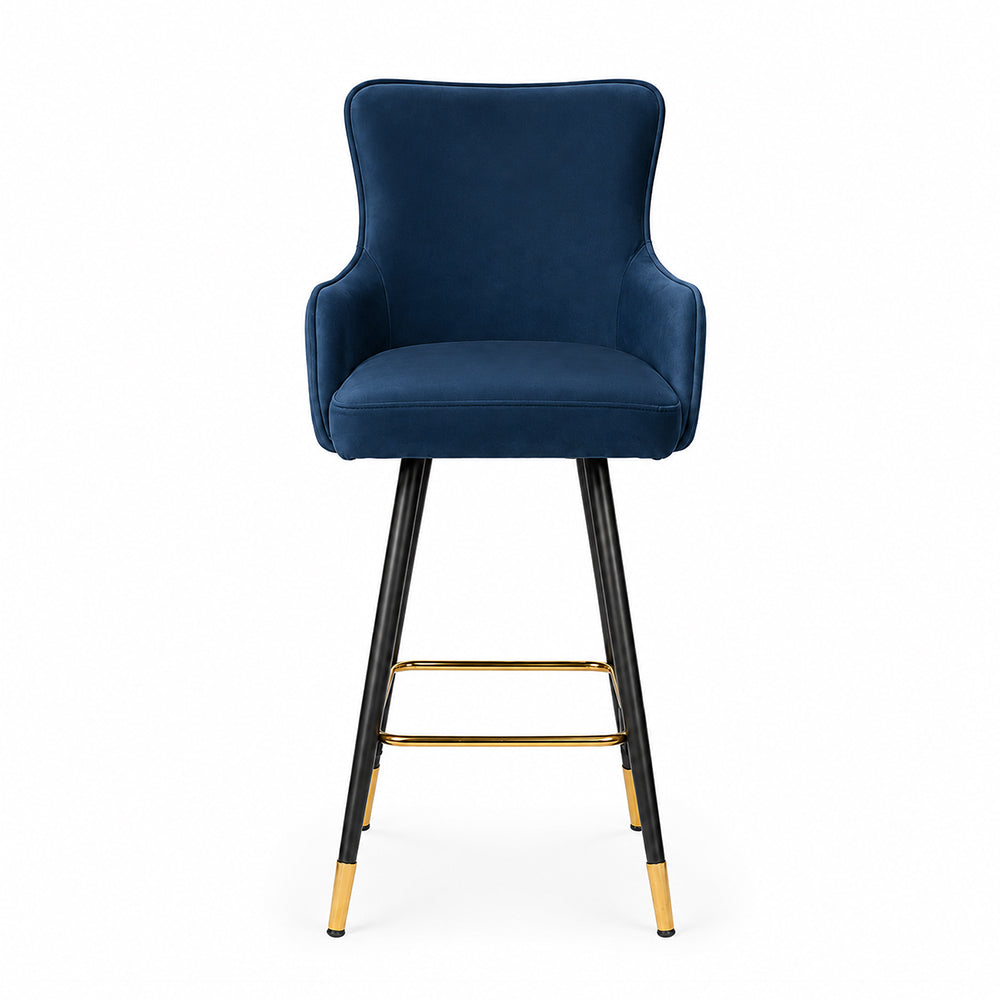 Nolen Blue Upholstered Counter Height Bar Stool with Black Metal Legs & Gold Accents