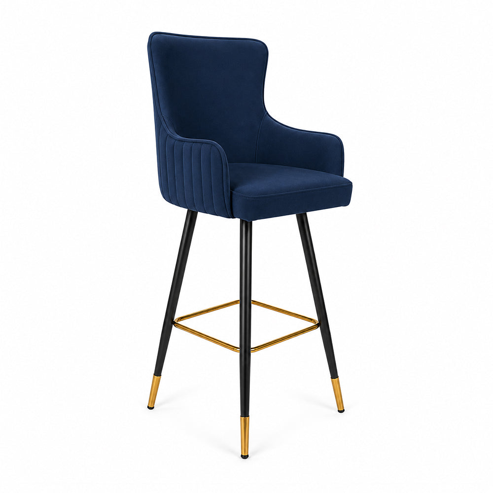 Nolen Blue Upholstered Counter Height Bar Stool with Black Metal Legs & Gold Accents