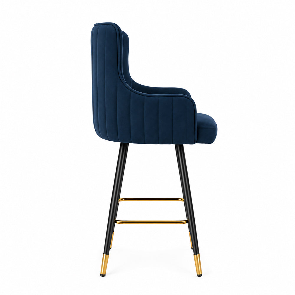 Nolen Blue Upholstered Counter Height Bar Stool with Black Metal Legs & Gold Accents