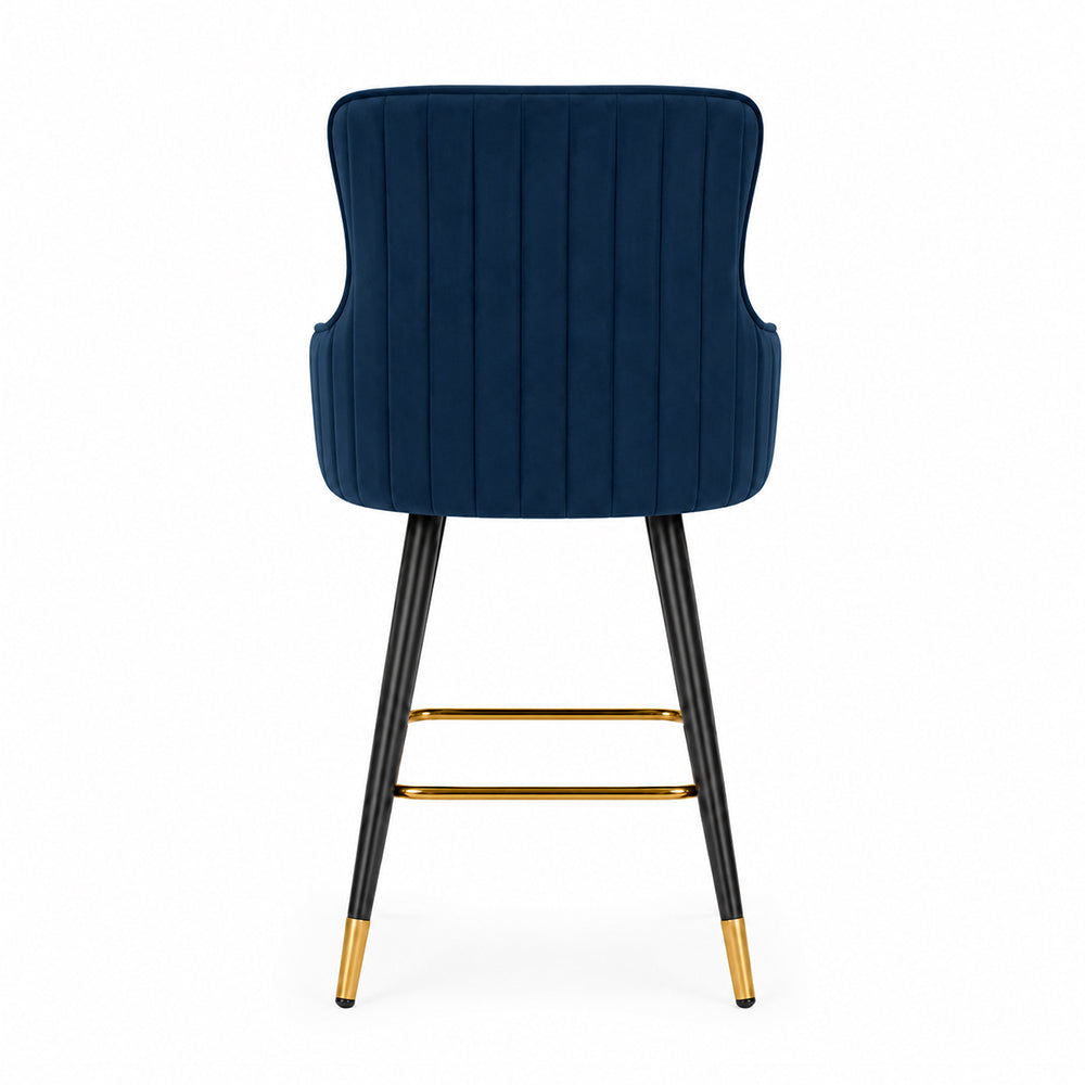 Nolen Blue Upholstered Counter Height Bar Stool with Black Metal Legs & Gold Accents