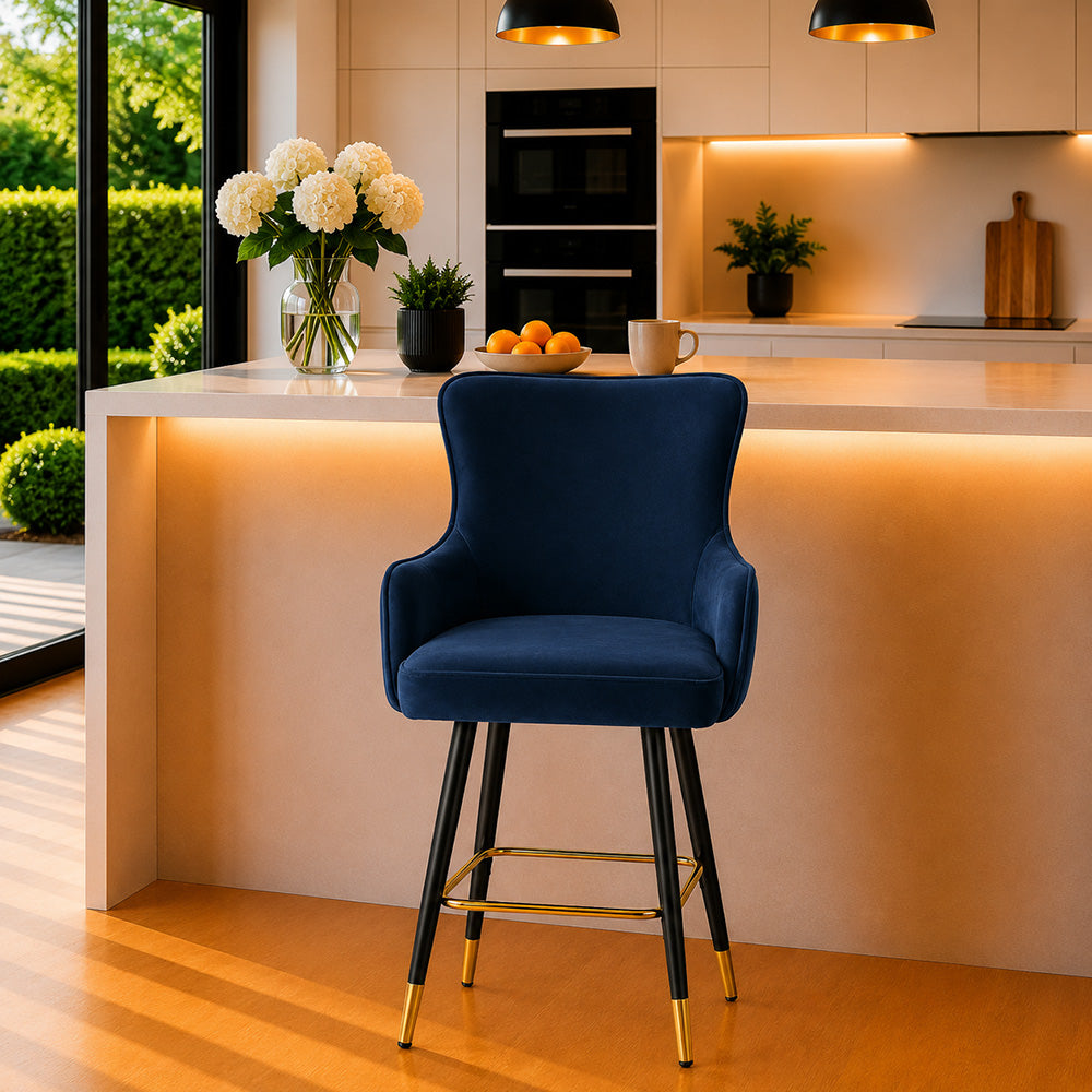Nolen Blue Upholstered Counter Height Bar Stool with Black Metal Legs & Gold Accents