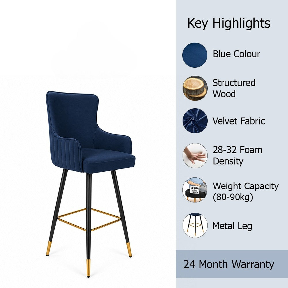 Nolen Blue Upholstered Counter Height Bar Stool with Black Metal Legs & Gold Accents