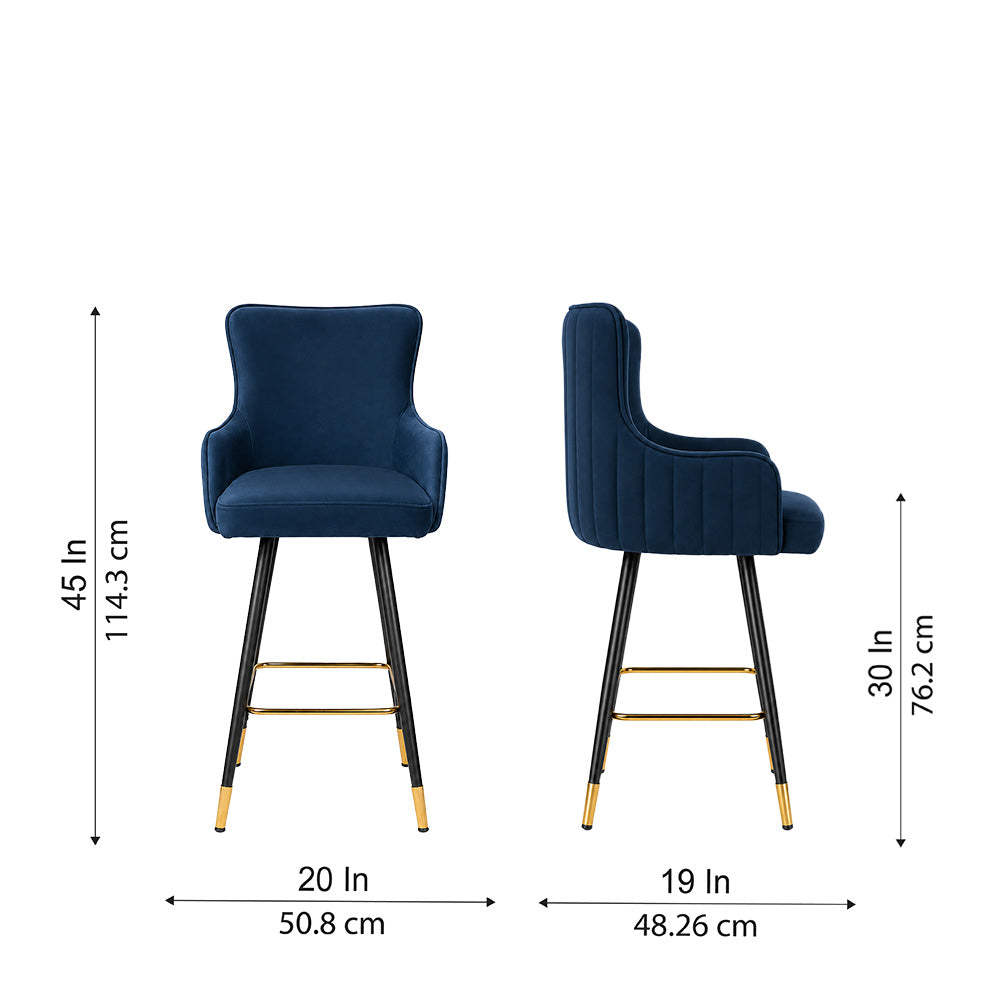 Nolen Blue Upholstered Counter Height Bar Stool with Black Metal Legs & Gold Accents