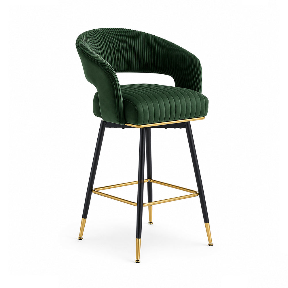 Mixoy Green Velvet Counter Height Bar Stool with Black Metal Legs & Gold Accents