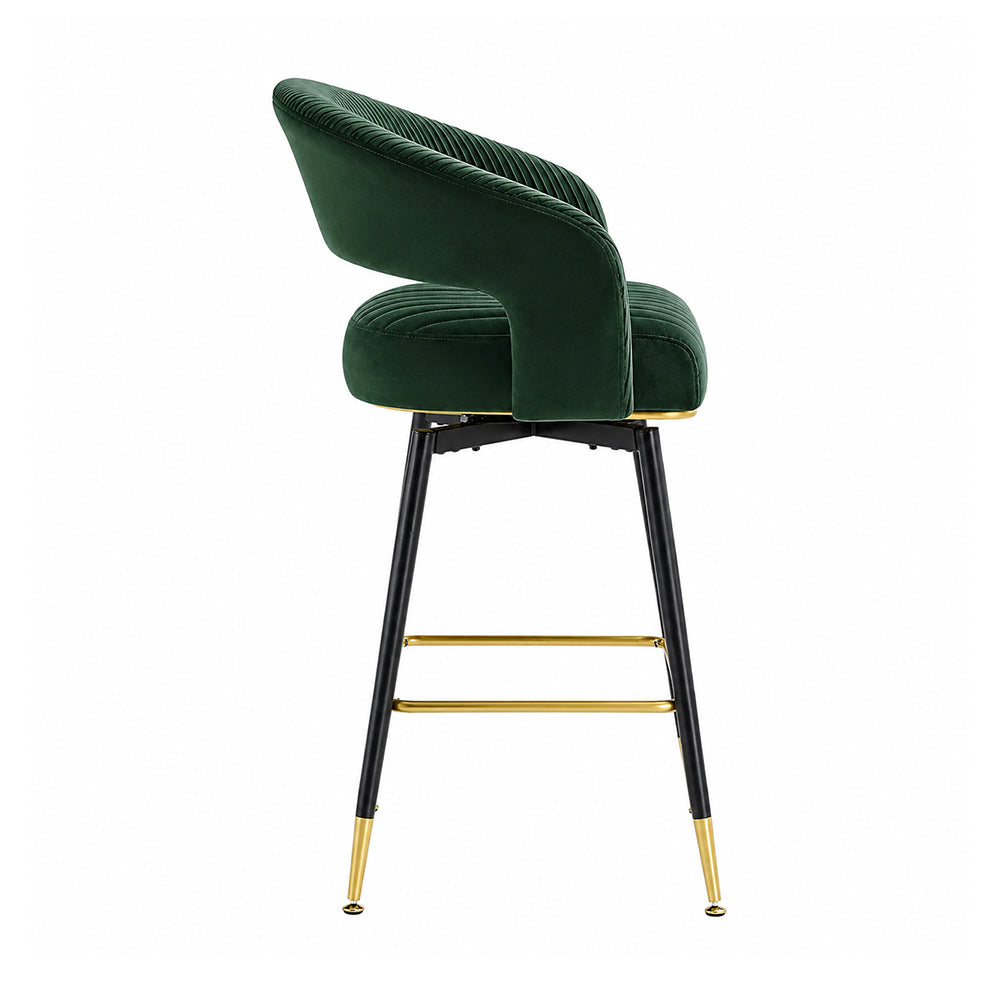 Mixoy Green Velvet Counter Height Bar Stool with Black Metal Legs & Gold Accents