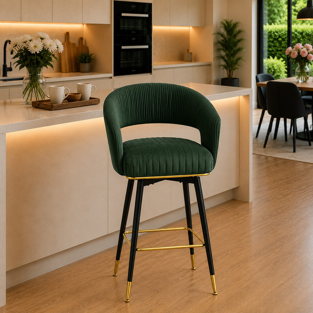 Mixoy Green Velvet Counter Height Bar Stool with Black Metal Legs & Gold Accents