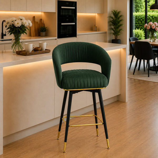 Mixoy Green Velvet Counter Height Bar Stool with Black Metal Legs & Gold Accents