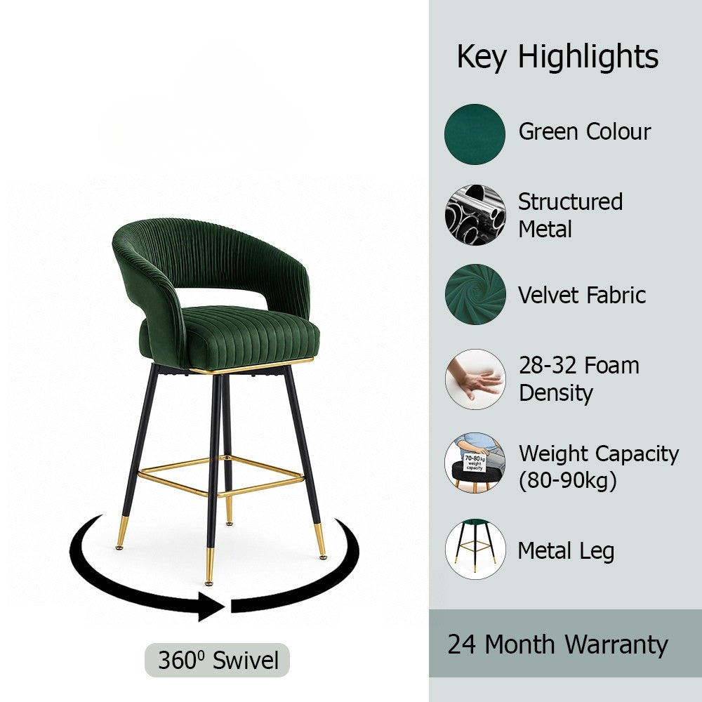Mixoy Green Velvet Counter Height Bar Stool with Black Metal Legs & Gold Accents