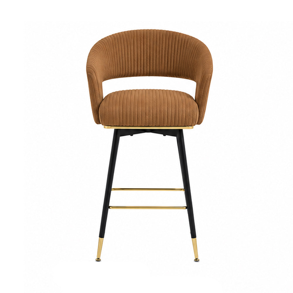 Mixoy Brown Velvet Counter Height Bar Stool with Black Metal Legs & Gold Accents