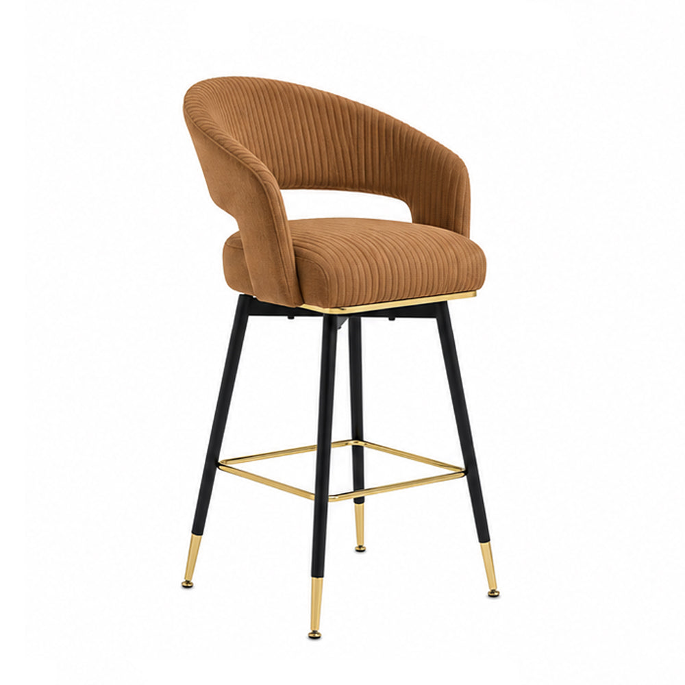 Mixoy Brown Velvet Counter Height Bar Stool with Black Metal Legs & Gold Accents