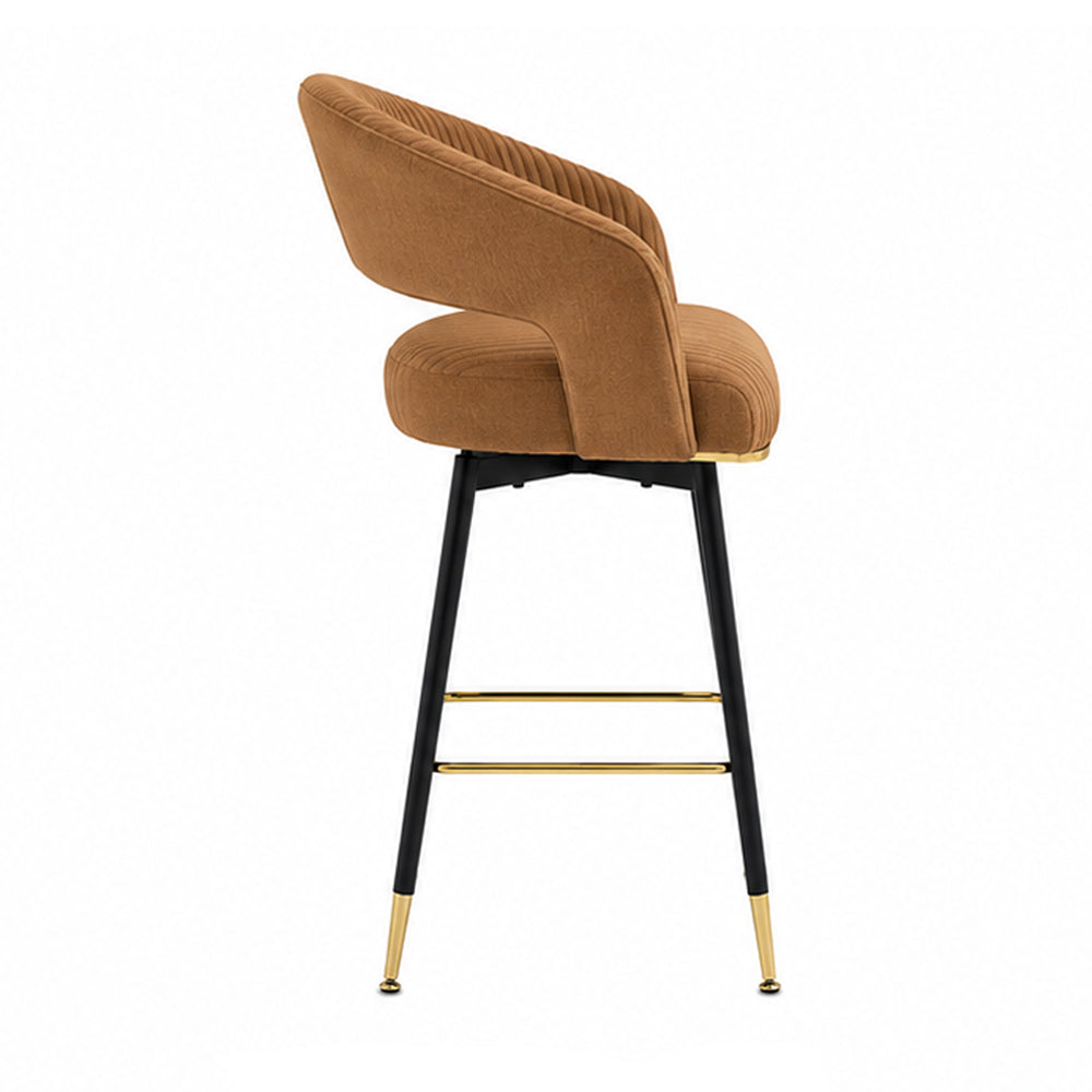 Mixoy Brown Velvet Counter Height Bar Stool with Black Metal Legs & Gold Accents