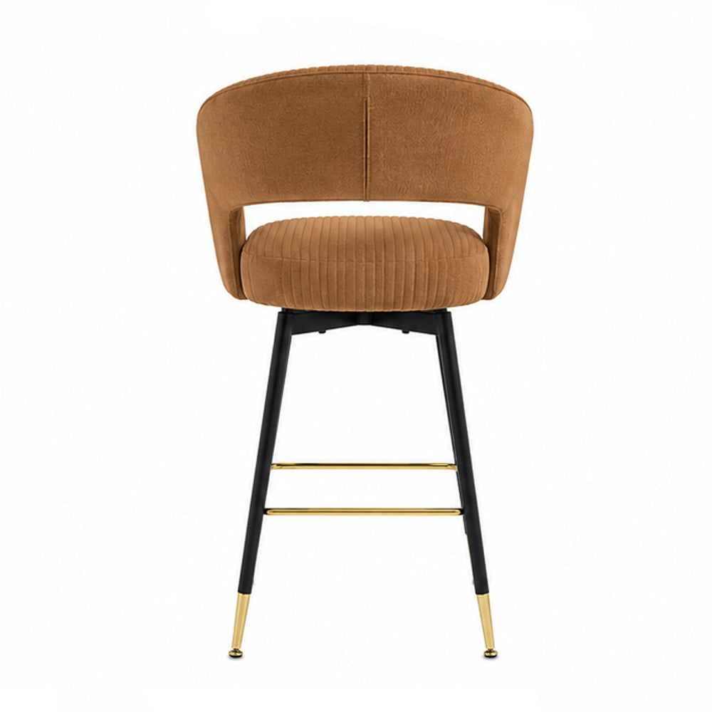 Mixoy Brown Velvet Counter Height Bar Stool with Black Metal Legs & Gold Accents