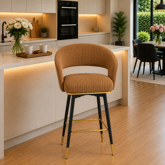 Mixoy Brown Velvet Counter Height Bar Stool with Black Metal Legs & Gold Accents
