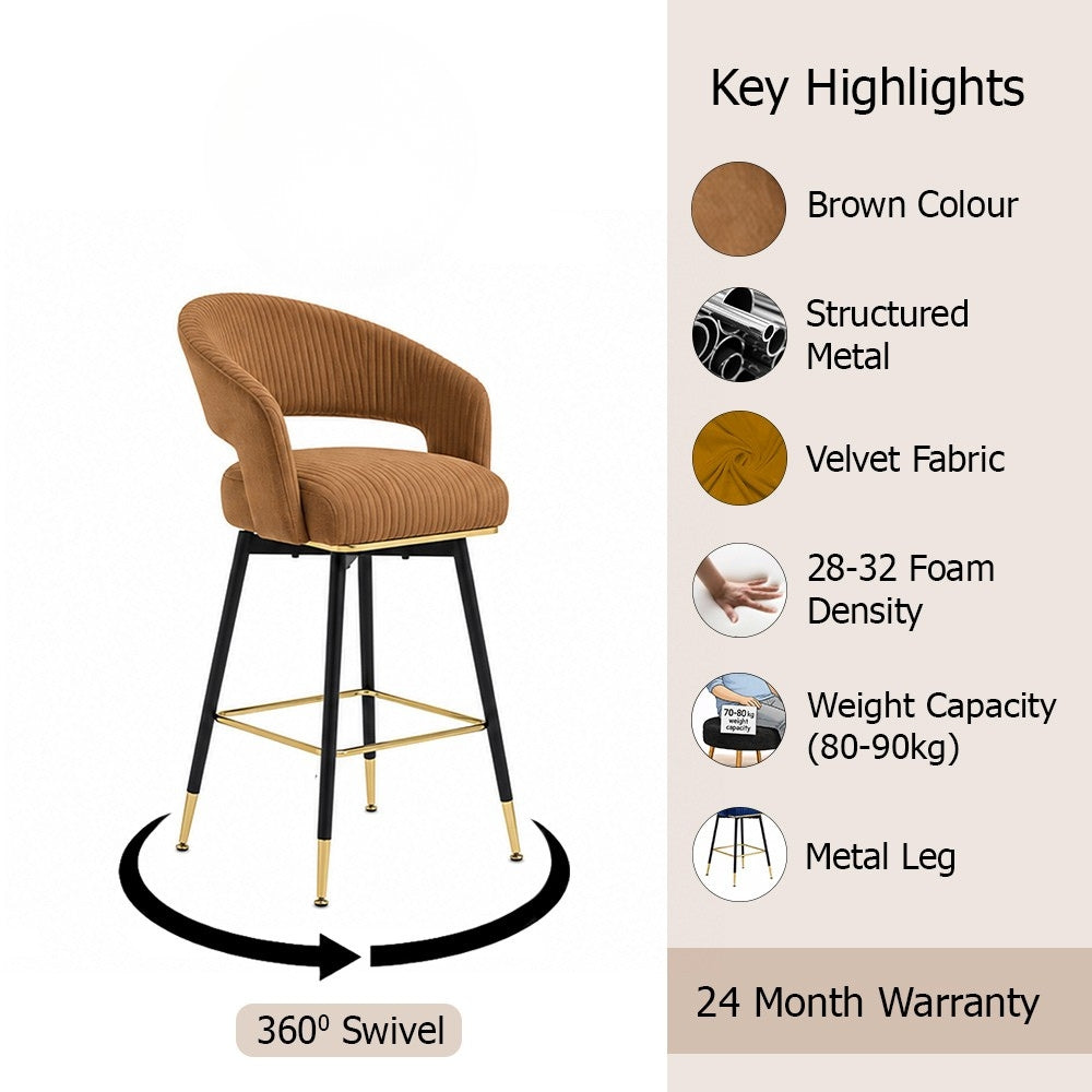 Mixoy Brown Velvet Counter Height Bar Stool with Black Metal Legs & Gold Accents